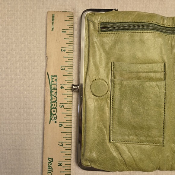 Vtg Hobo International Lauren Leather Double-Frame Clutch Wallet Citrine Green - Picture 12 of 14